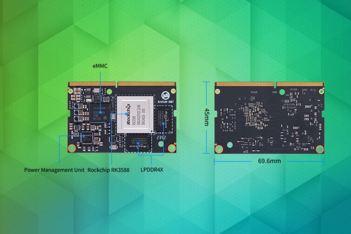 an illustration showing the new armsom rk3588 ai module7 som against a mixed abstract blue green backdrop