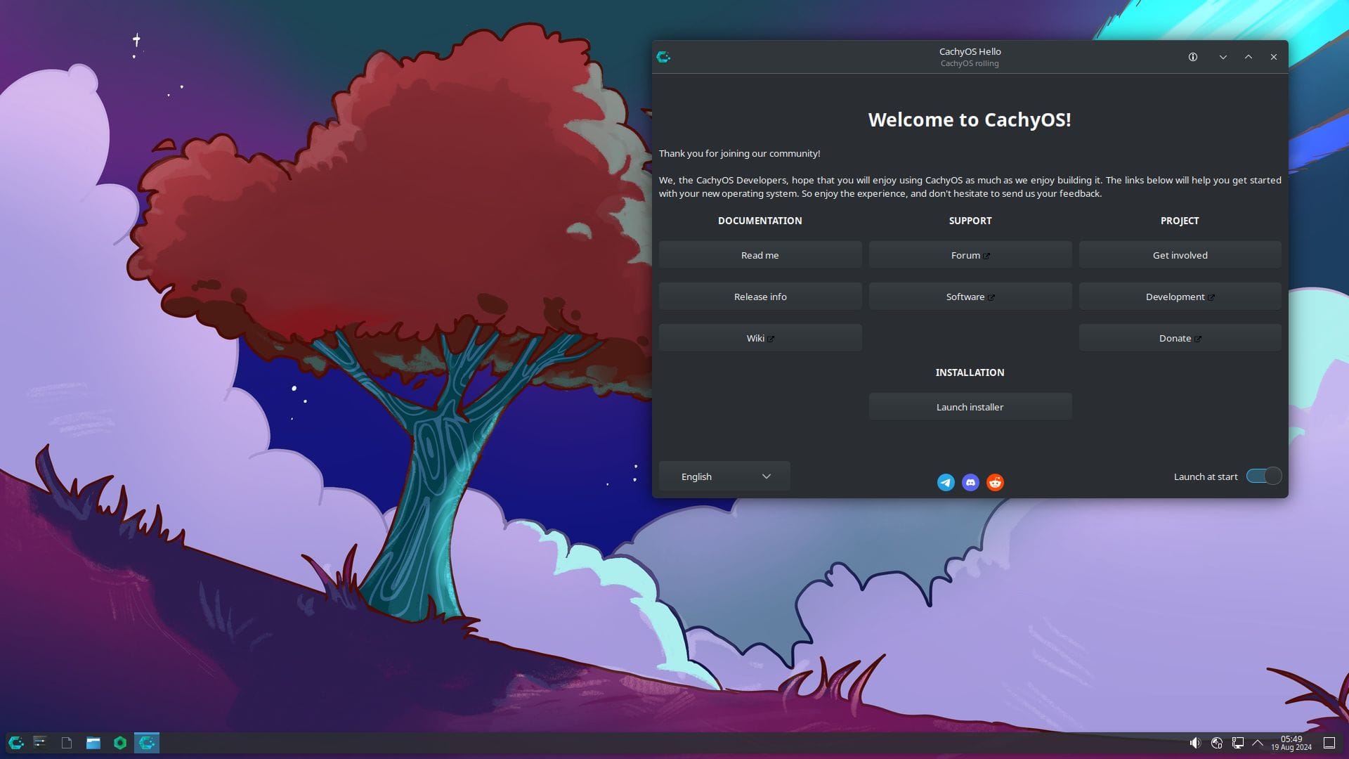 a screenshot of cachyos august 2024 release with the welcome app open