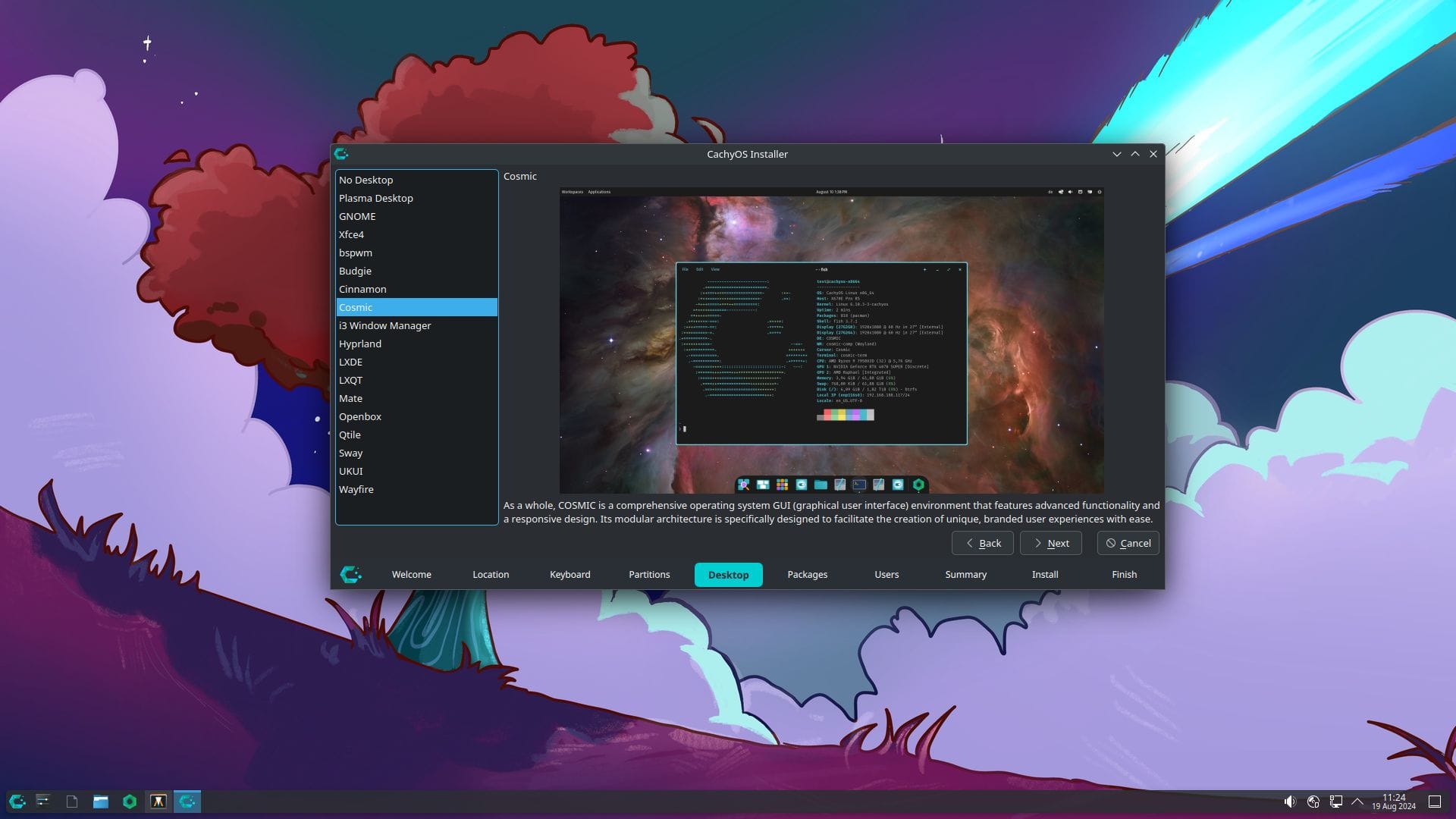 a screenshot of the cachyos installer having cosmic as a desktop environment option