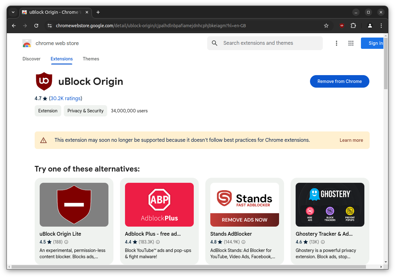 a screenshot of the ublock origin extension listing on the chrome web store with a warning