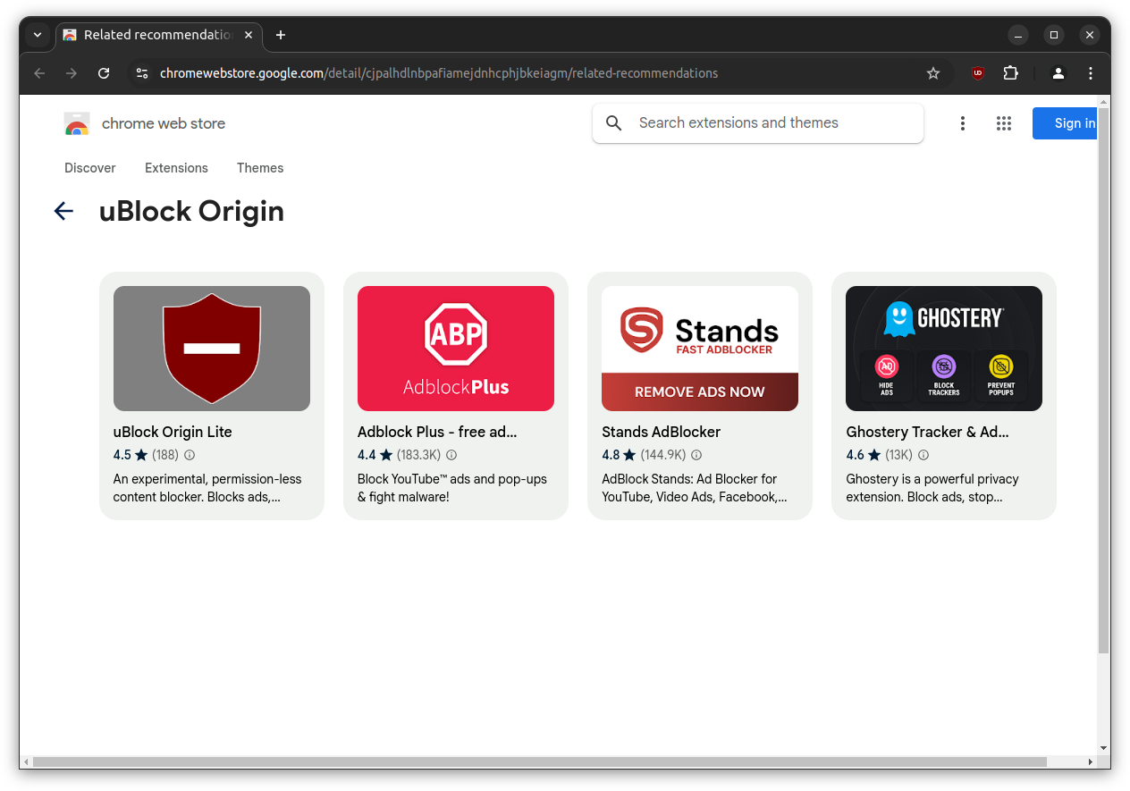 a screenshot of recommended extensions for replacing ublock origin on chrome