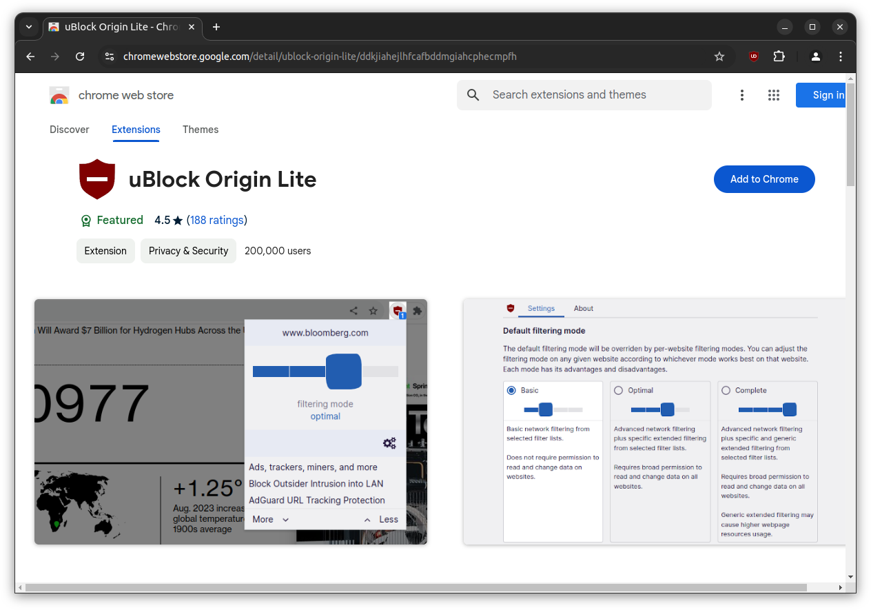 a screenshot of ublock origin lite chrome web store listing