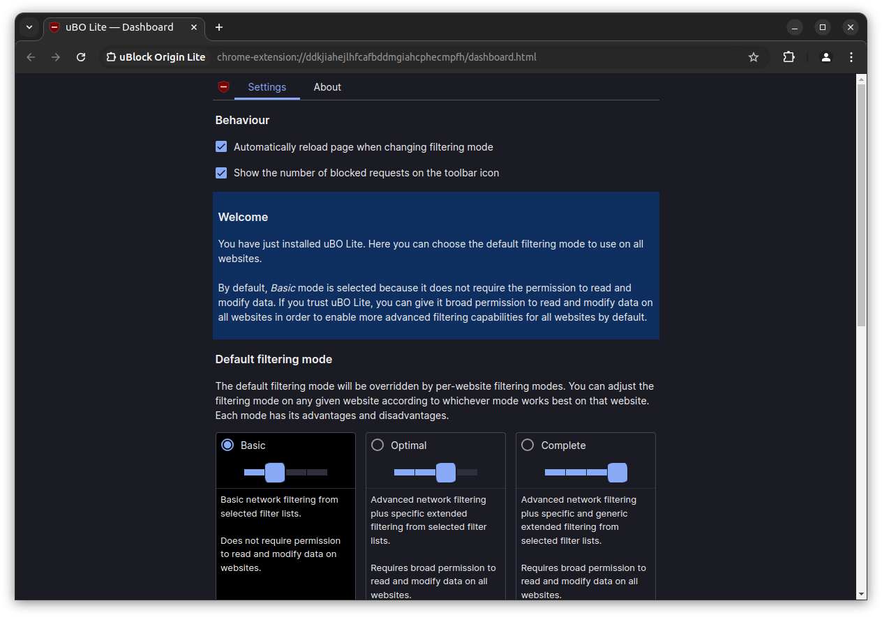 a screenshot of ublock origin lite settings on chrome