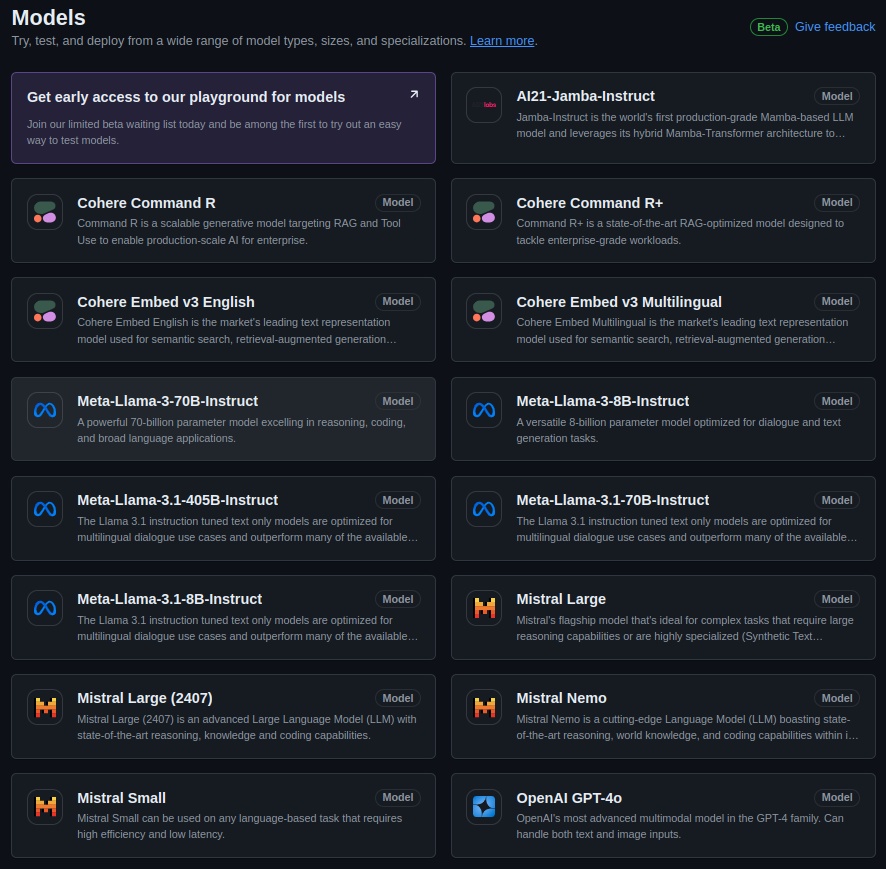 a screenshot of the various models on github models marketplace listing