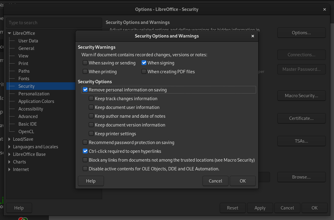 a screenshot of the new remove personal information on saving option in libreoffice 24.8