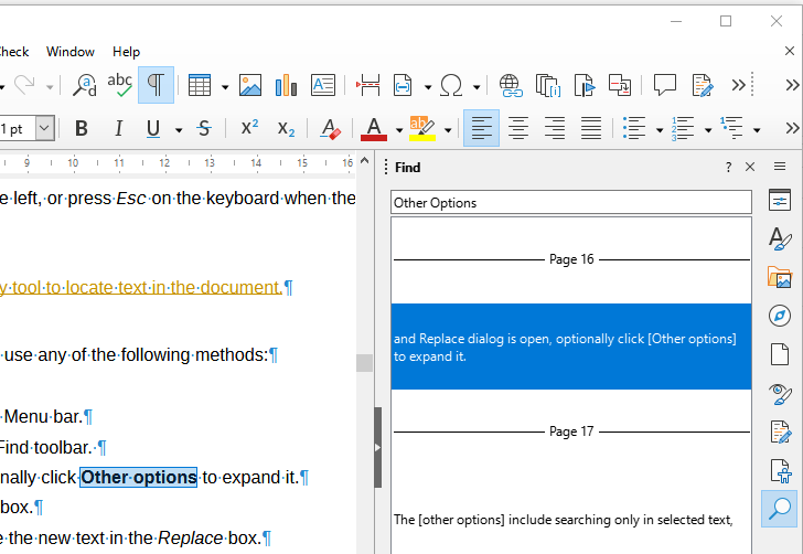 a screenshot of the new find deck in sidebar of writer on libroffice 24.8