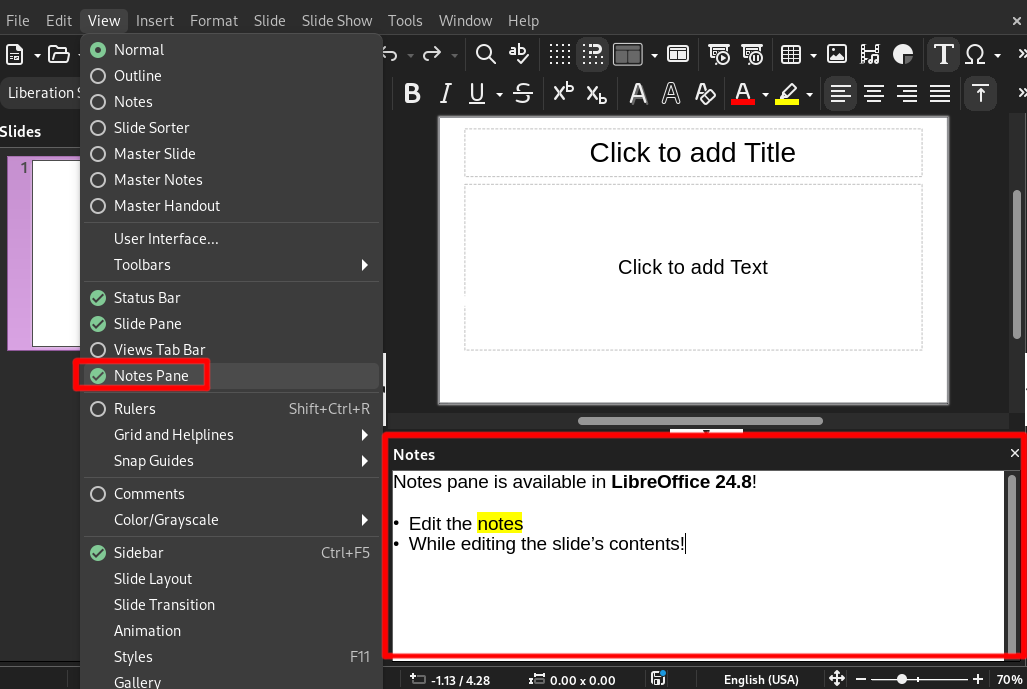 a screenshot of libreoffice 24.8 new notes pane in impress
