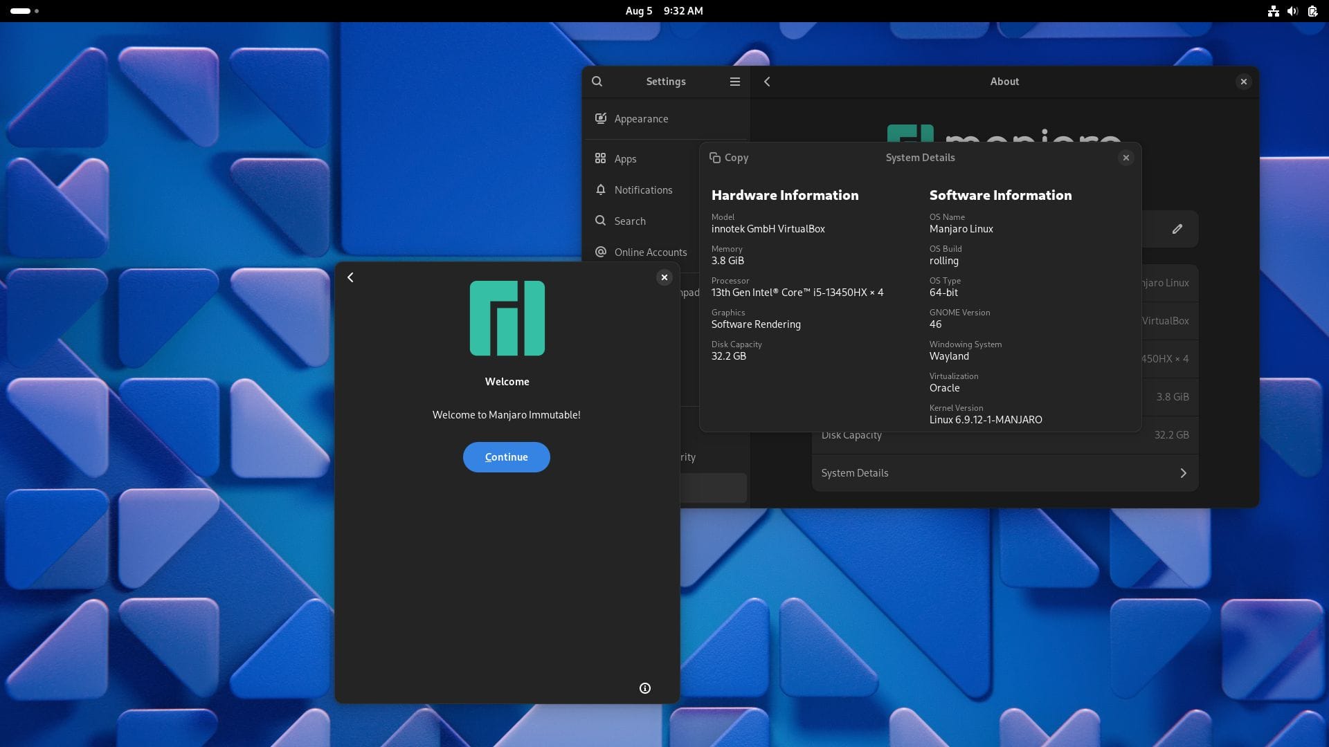 a screenshot of an early testing version of manjaro immutable