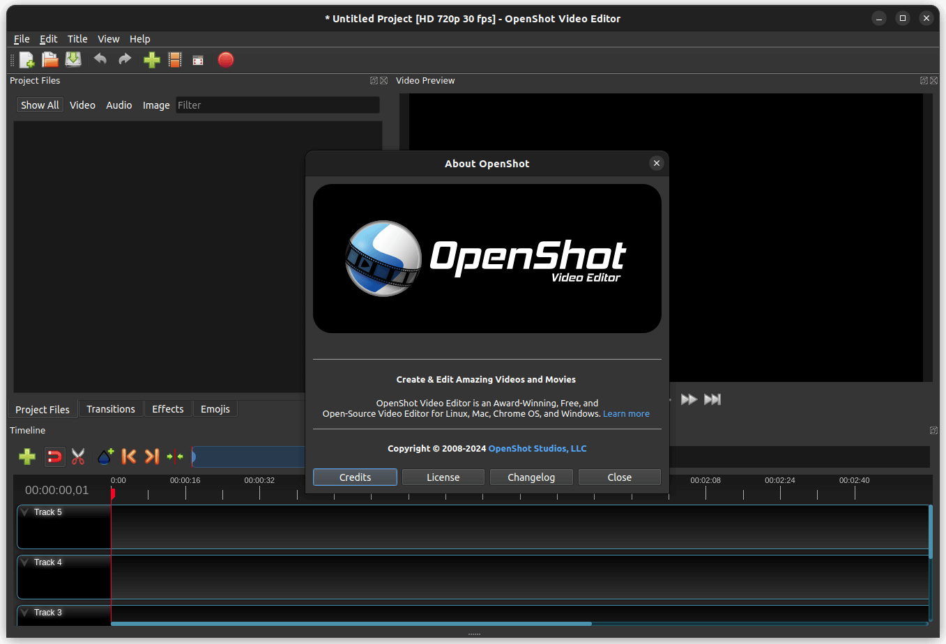 a screenshot of openshot with about info open