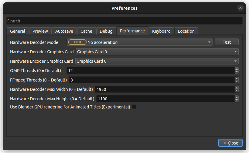 a screenshot of openshot preferences menu with the performance tab open