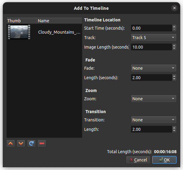 a screenshot of openshot add to timeline window