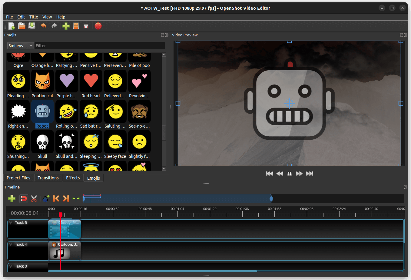 a screenshot of openshot emojis functionality in action