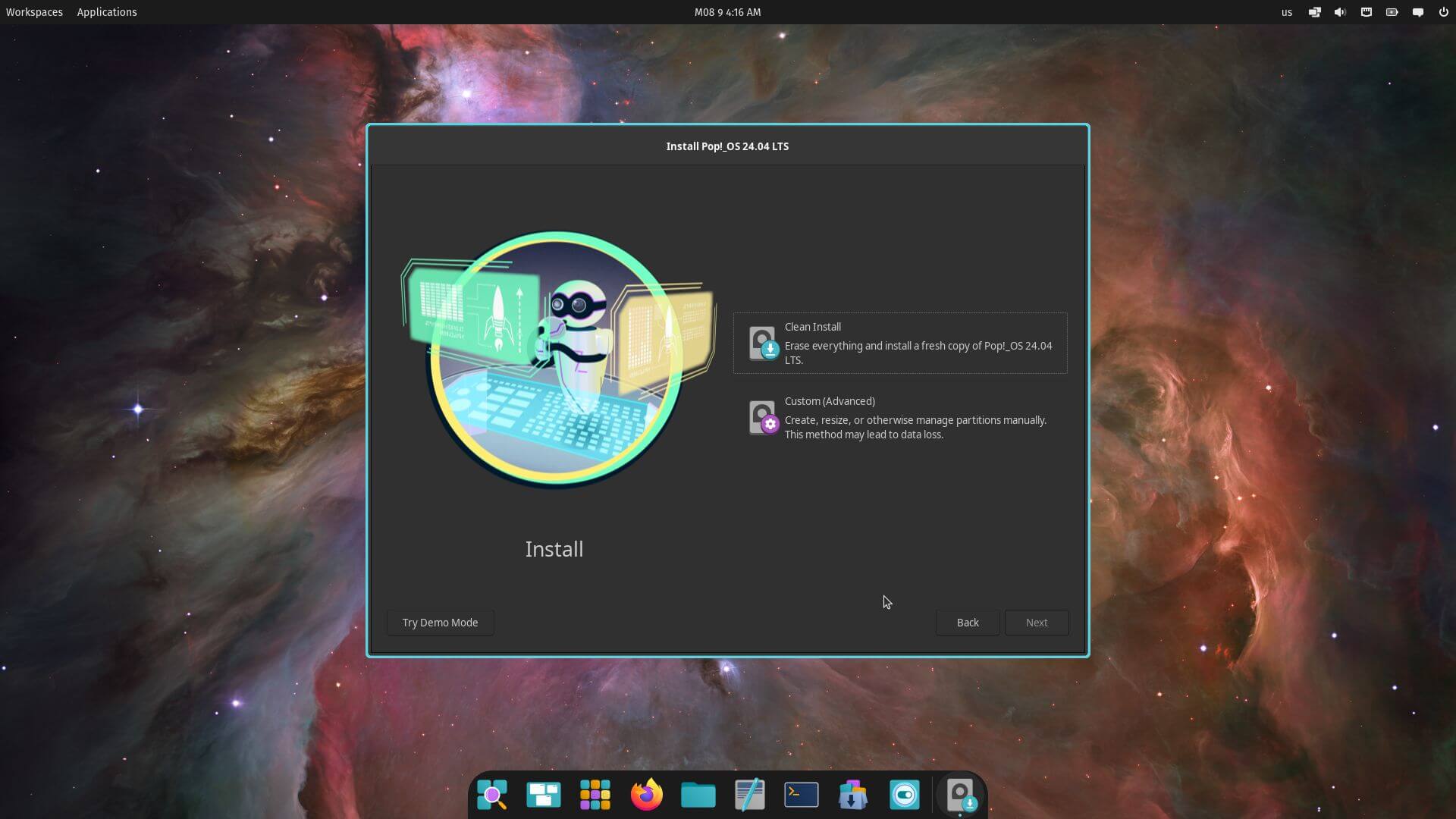 a screenshot of pop!_os 24.04 alpha cosmic installer