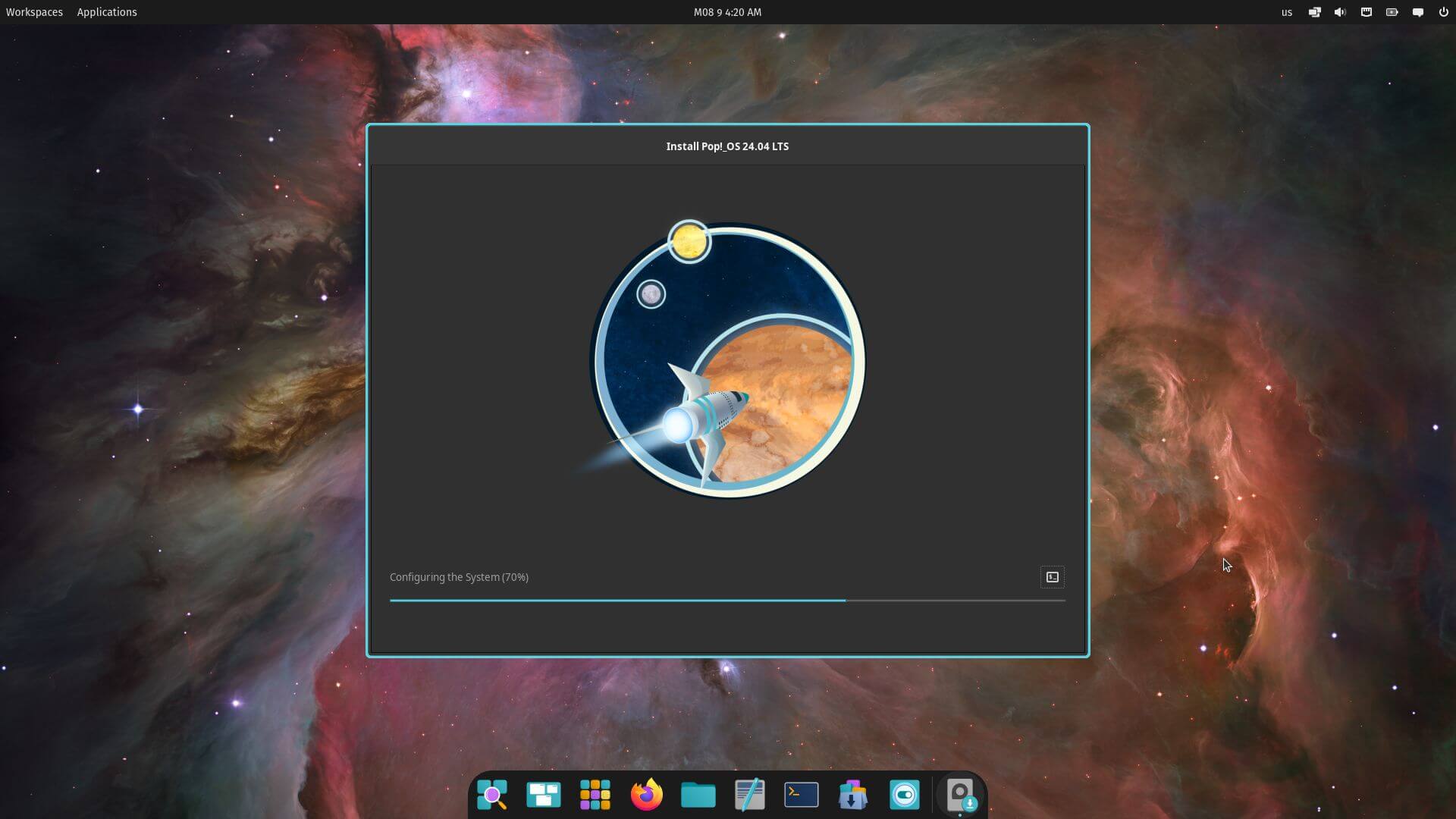 a screenshot of pop!_os 24.04 alpha cosmic installer progress screen