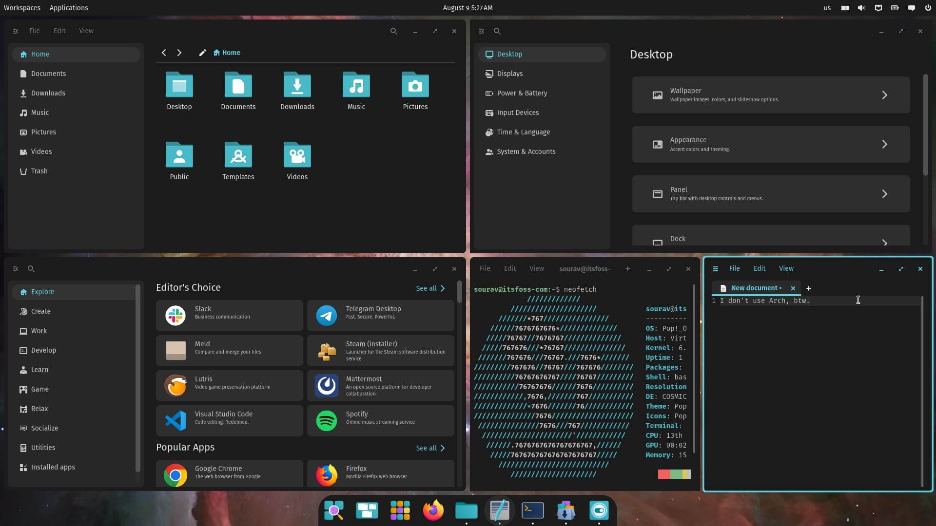 a screenshot of pop!_os 24.04 alpha cosmic rust based core applications