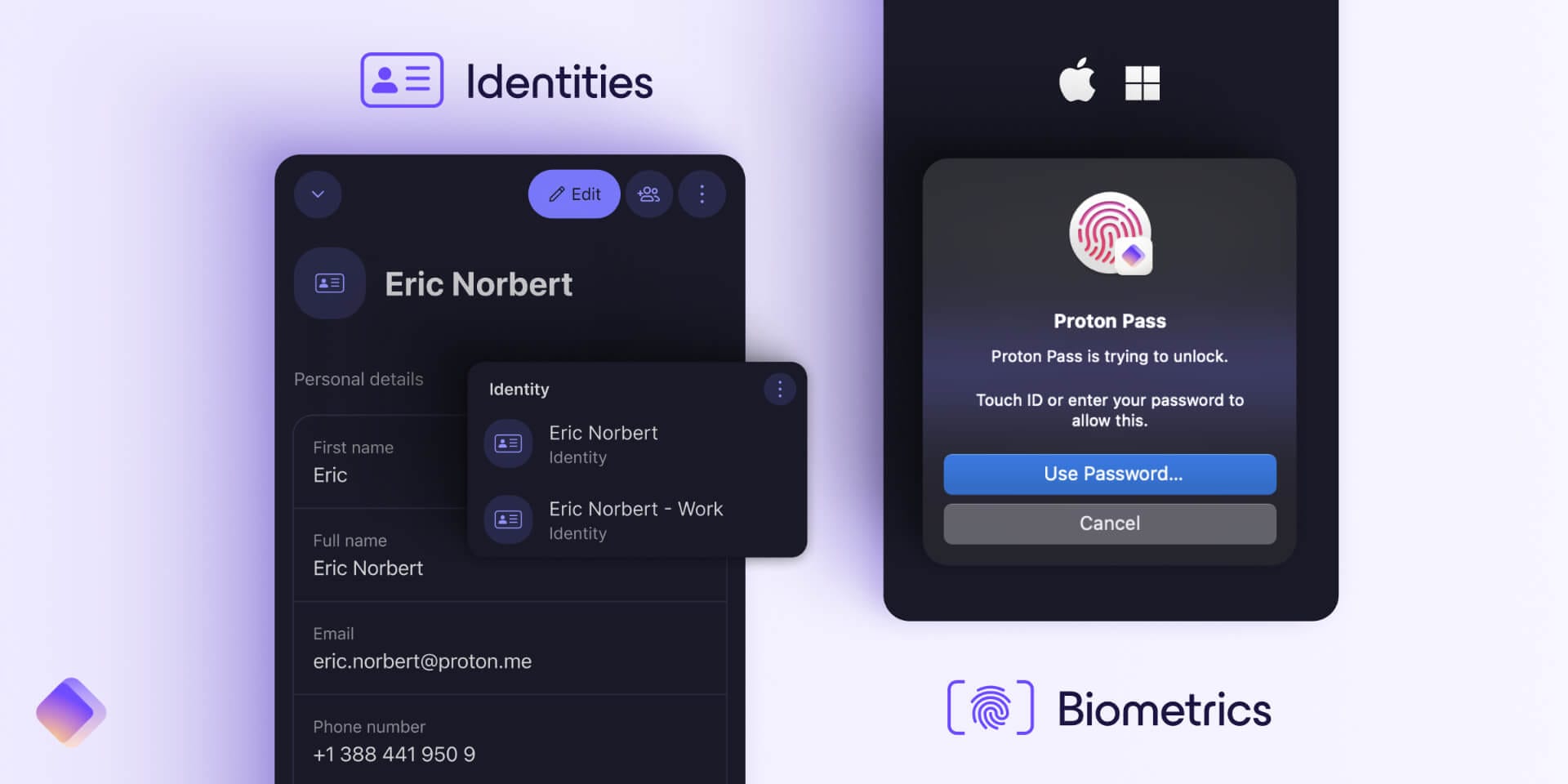 an illustration showing the apps of proton pass with the new identities and biometrics features