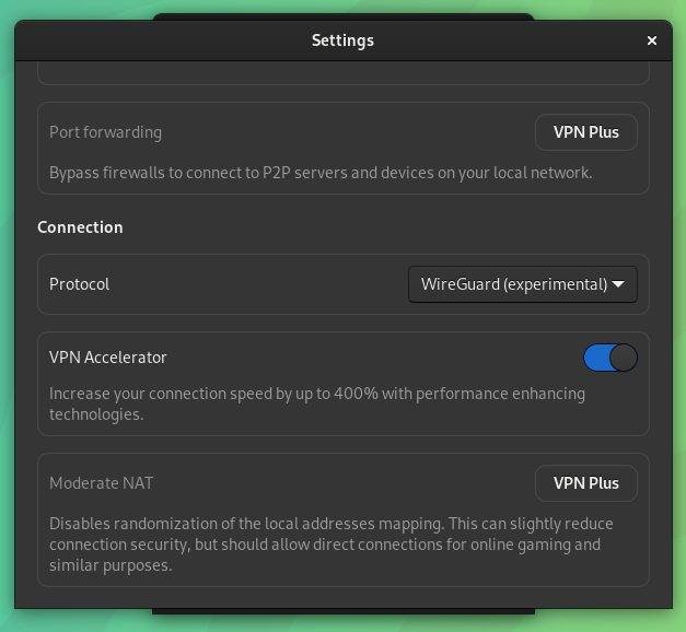 a screenshot of proton vpn with wireguard enabled on a linux system