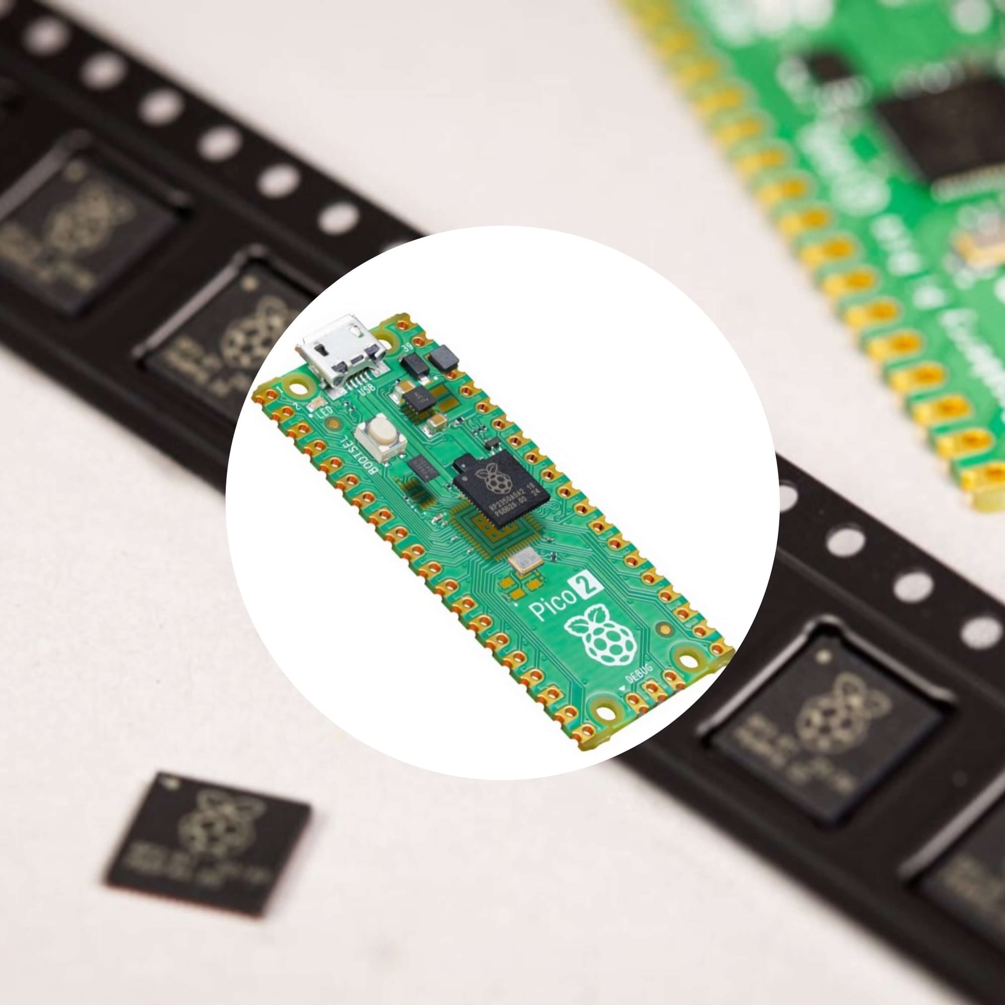 an illustration showing both the raspberry pi pico 2 and the rp2350 microcontroller