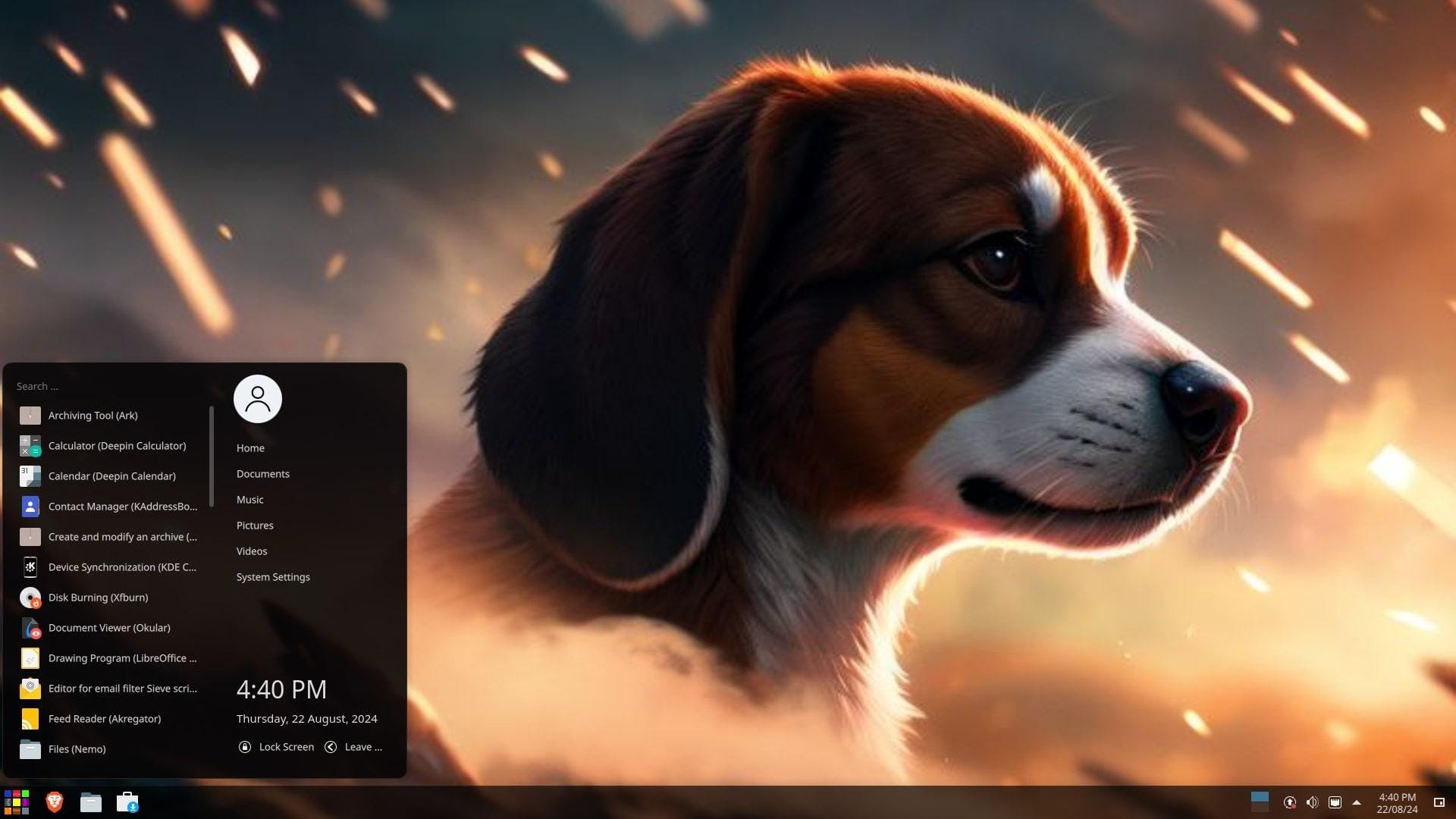 a screenshot of refreshos 2.0 desktop view with the default app launcher open and a beagle wallpaper in the background