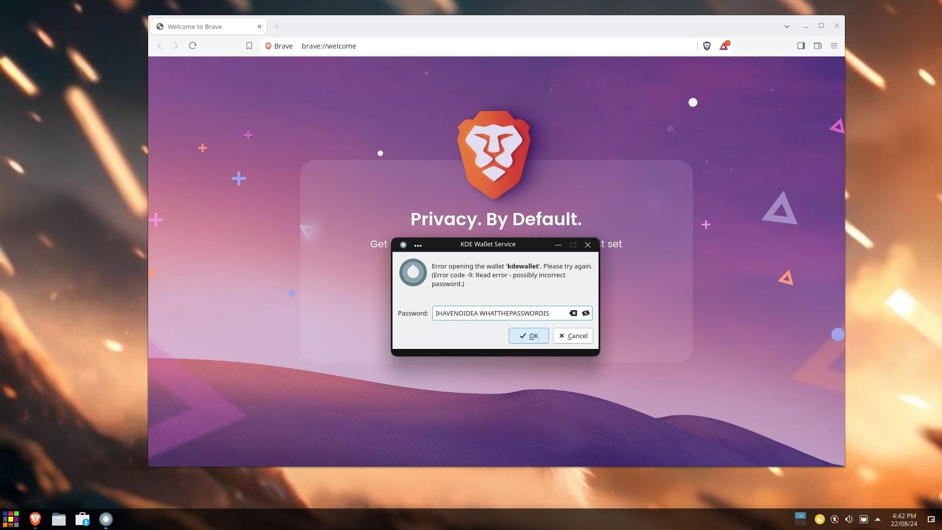 a screenshot of refreshos 2.0 kde wallet prompt when opening brave browser