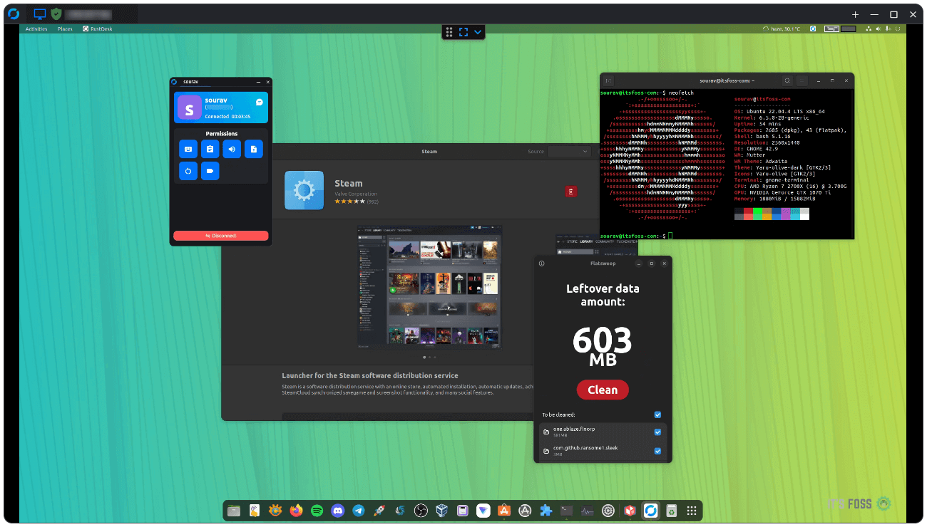 a screenshot of rustdesk remotely controlling another ubuntu computer