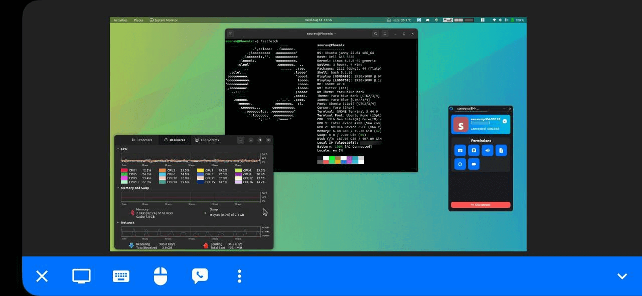 a screenshot of rustdesk running on android helping remotely control an ubuntu computer