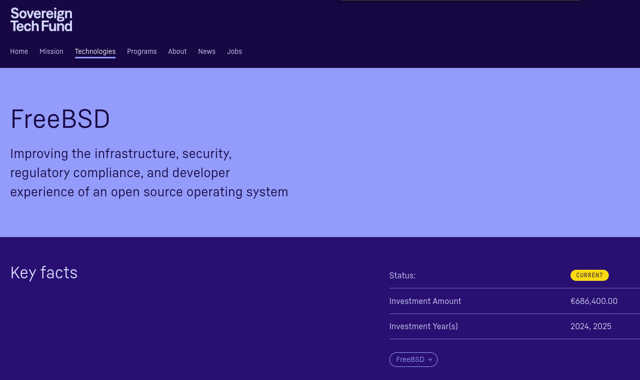 a screenshot of the sovereign tech fund page for freebsd showing investment details