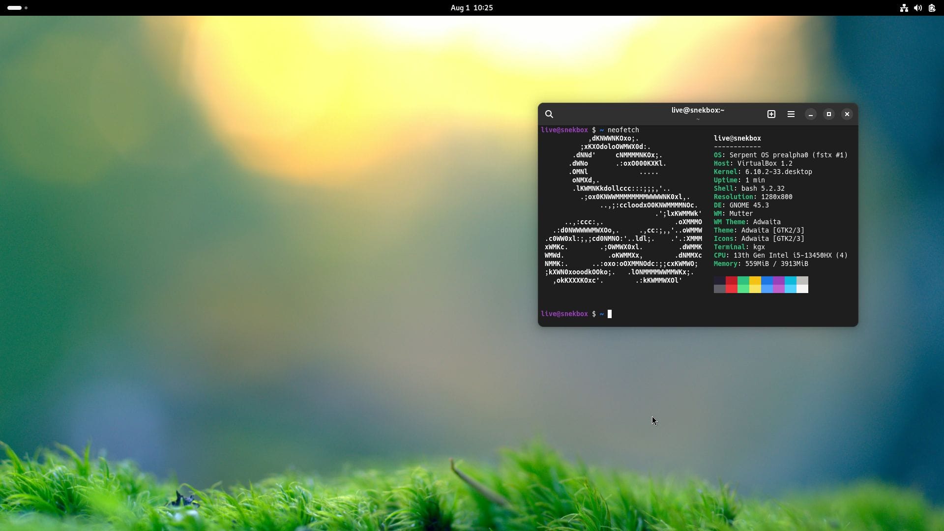 a screenshot of serpent os with a neofetch output being displayed