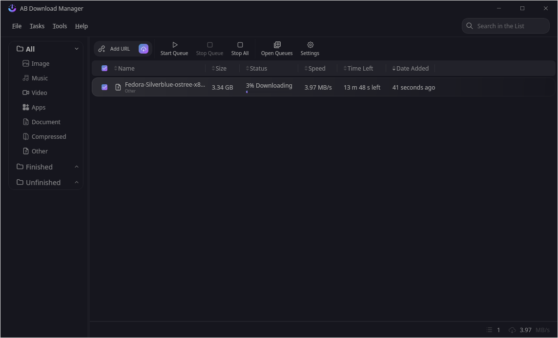 a screenshot of ab download manager with a single download in the list