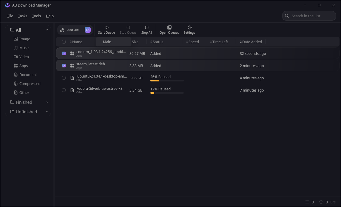 a screenshot of ab download manager with multiple downloads on the screen which are part of the main queue