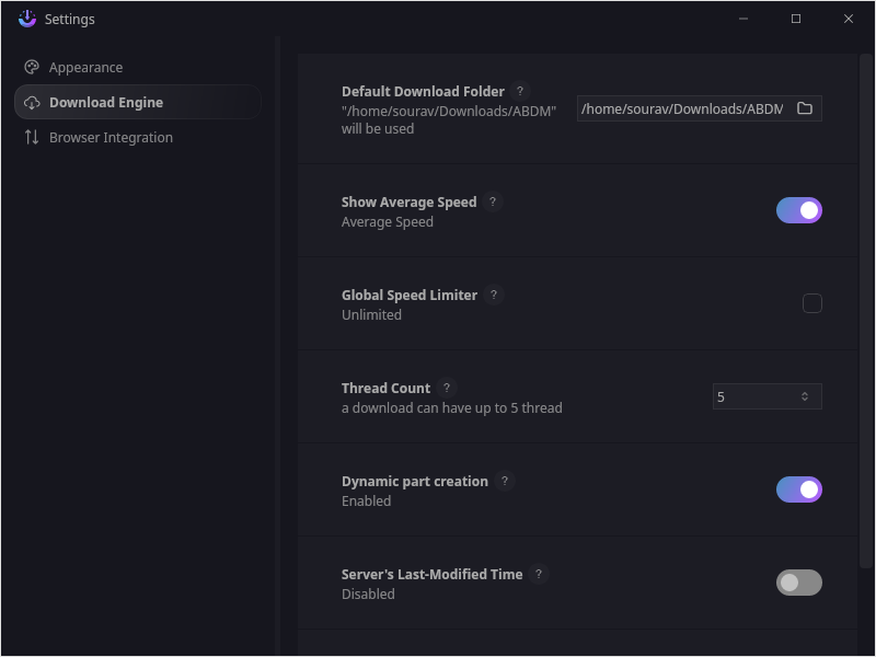 a screenshot of ab download manager download engine settings page