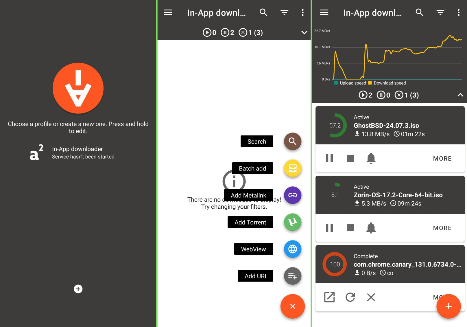 an illustration showing three screenshots of aria2app running on a android smartphone with one being for the initial setup, the other showing the various download options, and the third with three downloads that were carried out using the app with a network activity readout at the top