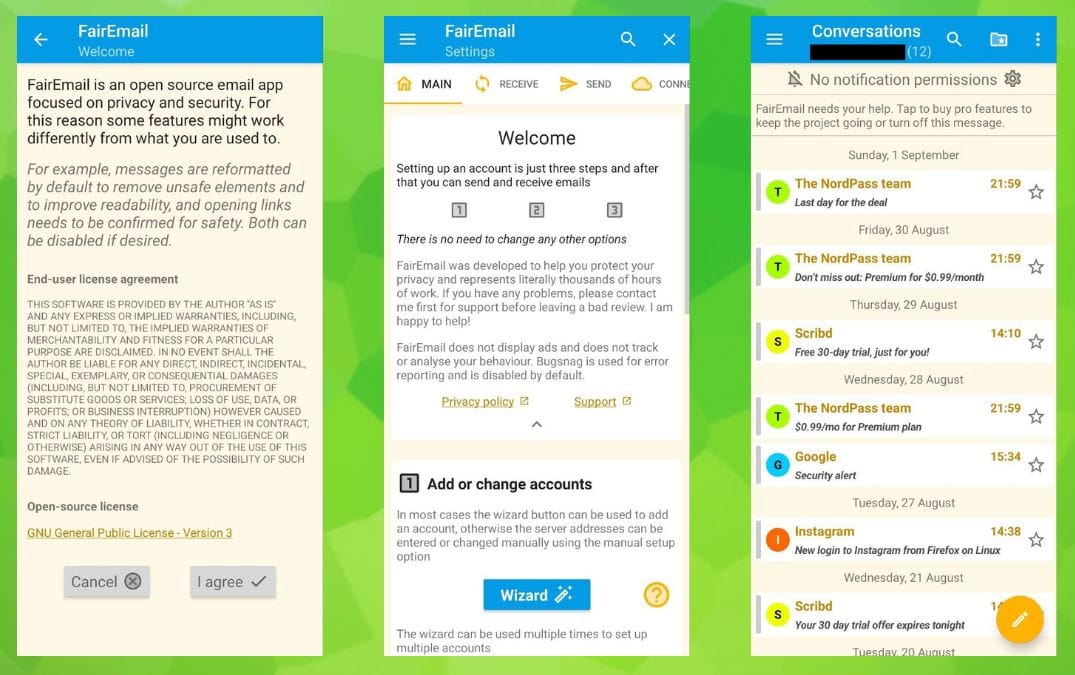 an illustration showing three screenshots of fairemail running on android with a mixed green backdrop