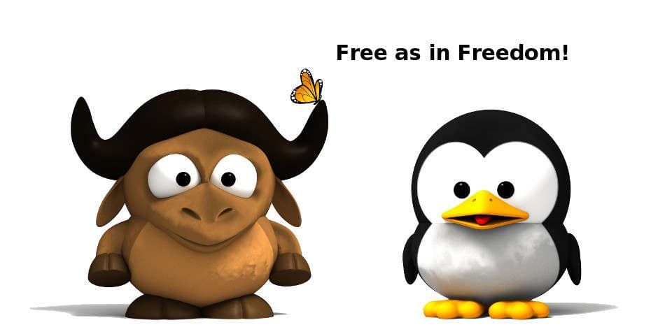 an illustration showing a bison and penguin standing, with the following written above: Free as in Freedom! Copyright (c) 2005 Stephan Uhlmann <su@su2.info>. Published under the terms of the Free Art License.