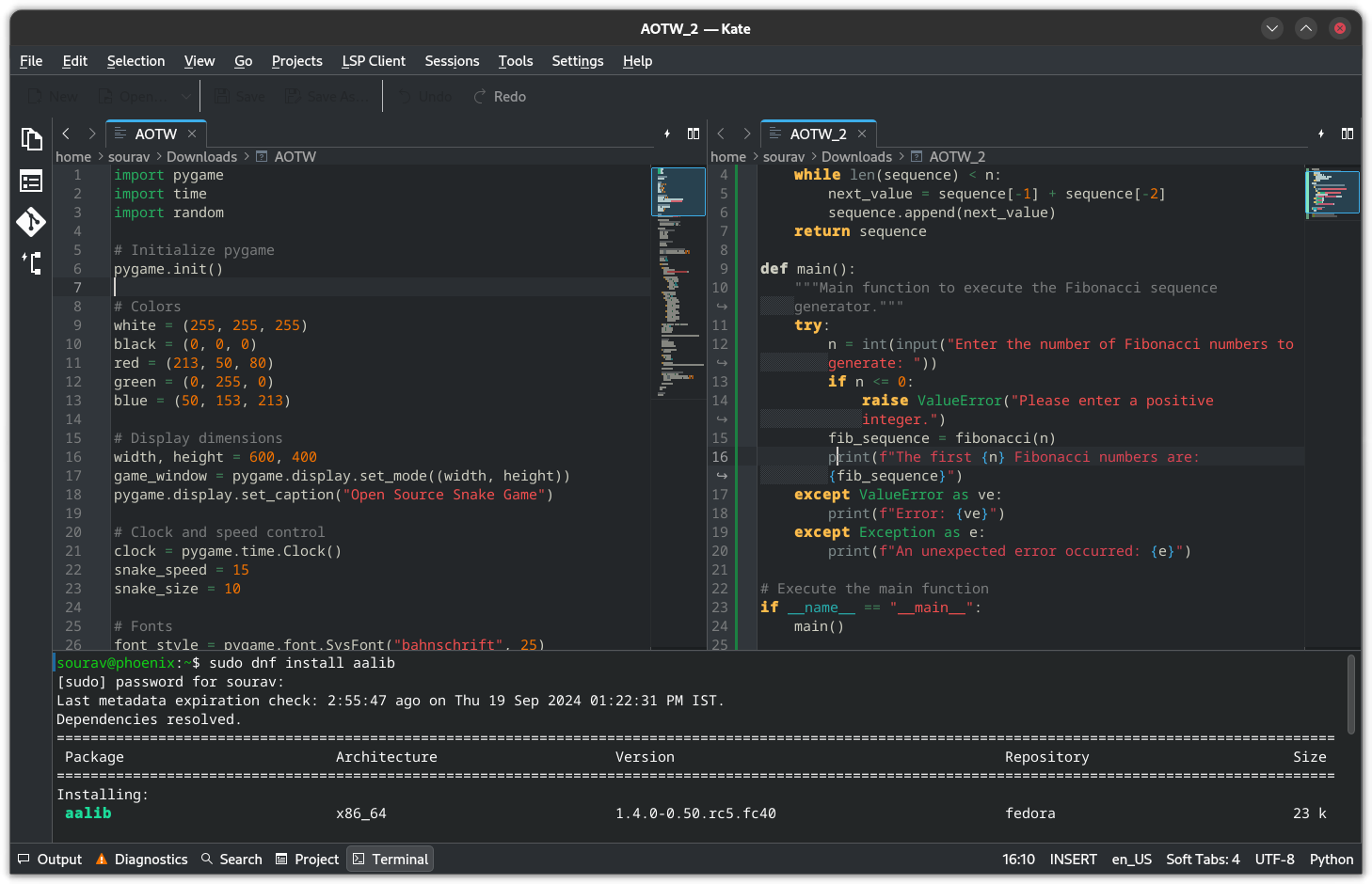 a screenshot of kate with two windows of python code open in split view with the terminal panel open in the status bar running a sudo dnf install command