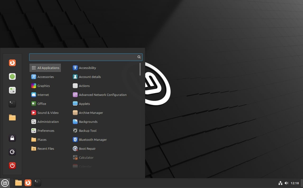 a screenshot of linux mint 22 desktop with the application launcher open and mint-y theme enabled