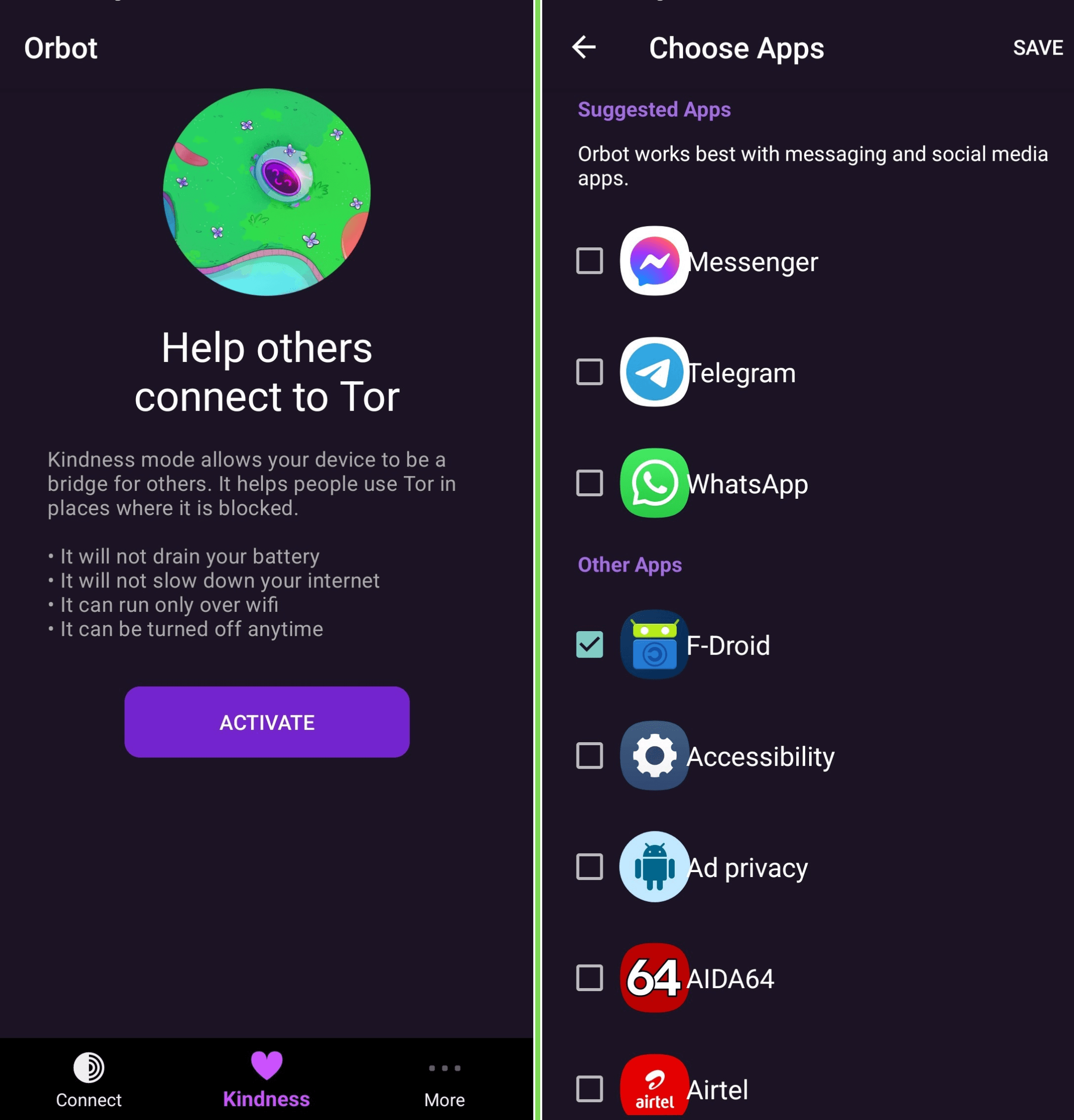 a screenshot of orbot kindness mode and app selection for tor connection