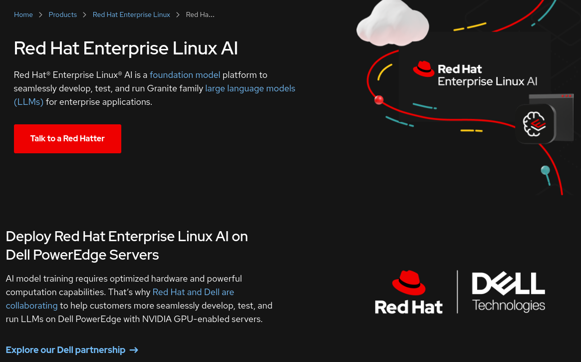 a screenshot of the red hat enterprise linux ai product page on the red hat homepage