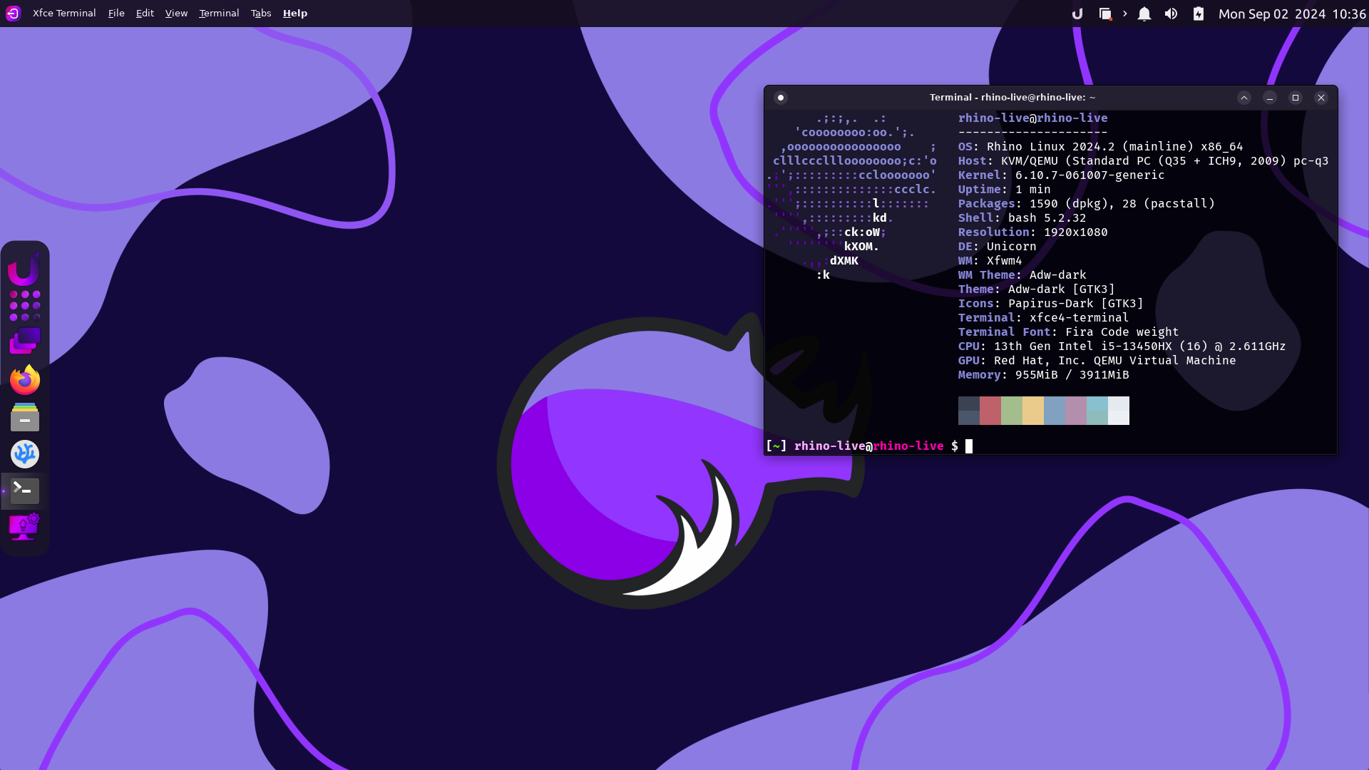 a screenshot rhino linux 2024.2 with a neofetch output