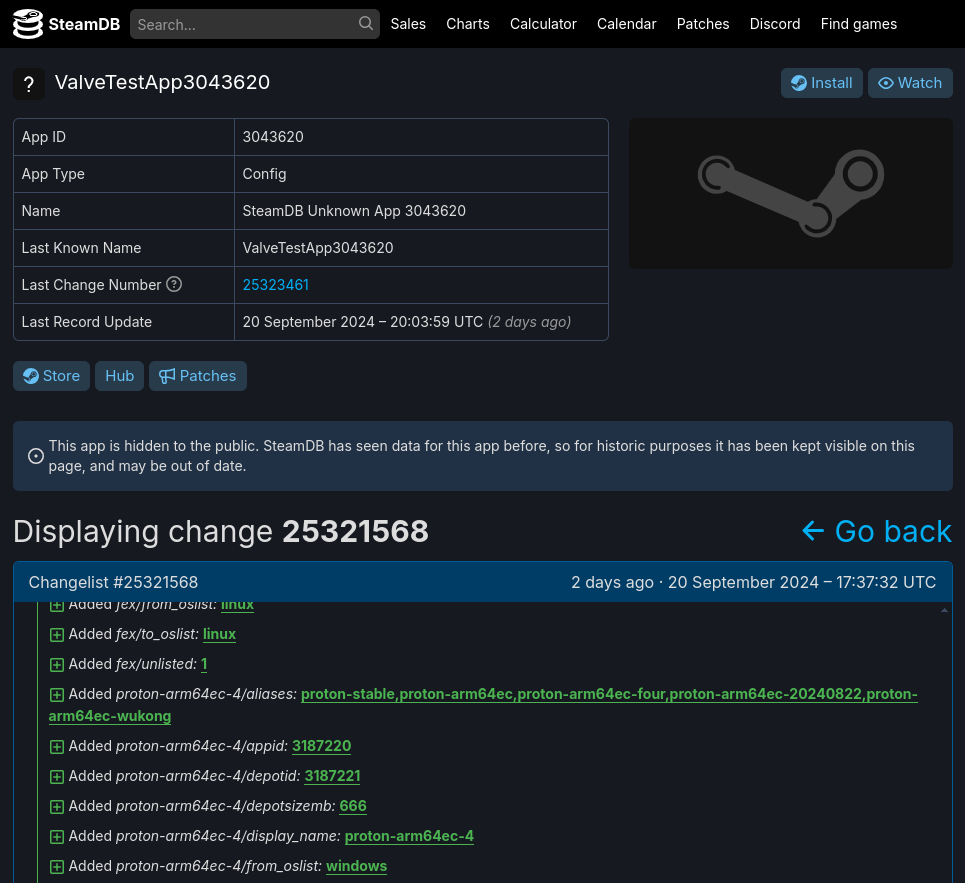 a screenshot of steamdb showing details regarding valvetestapp3043620