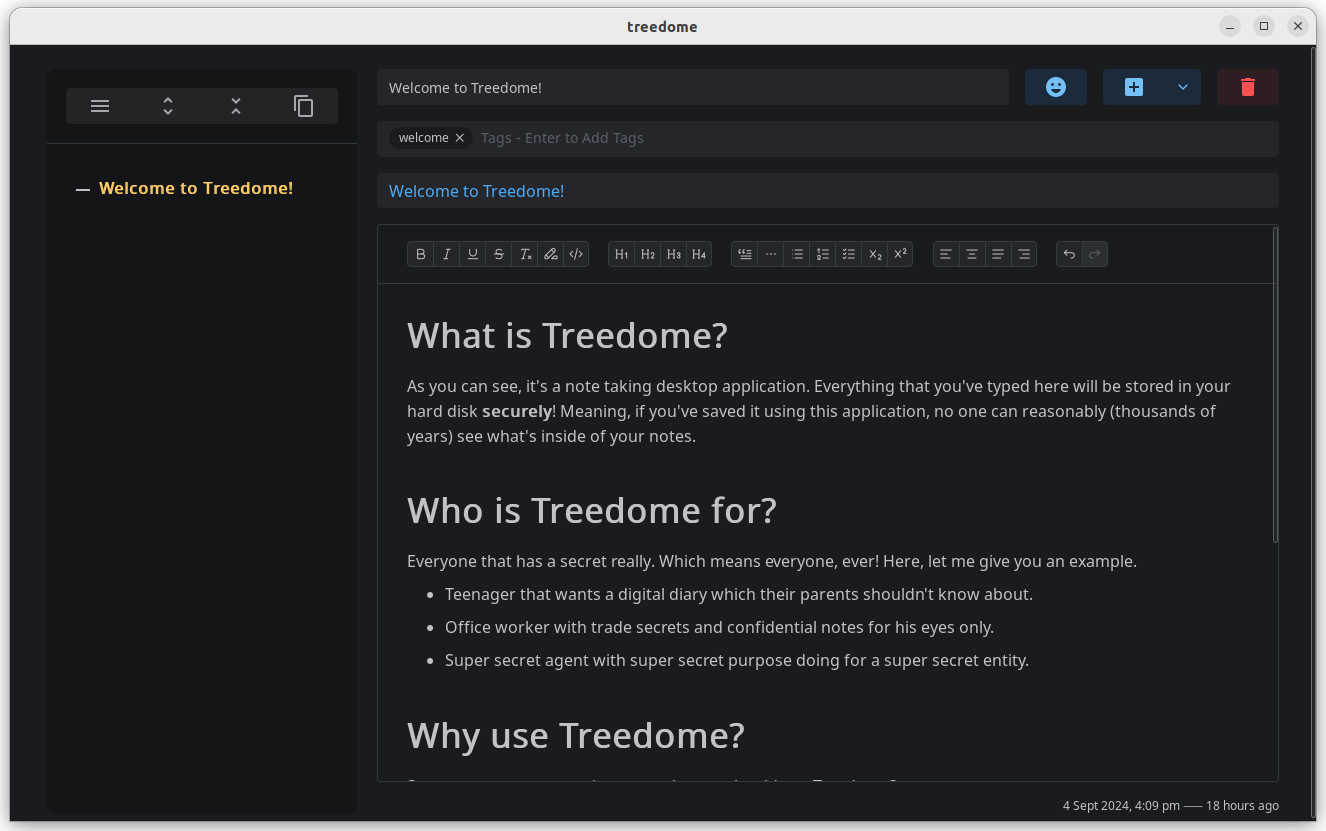 a screenshot of treedome with the included welcome note open