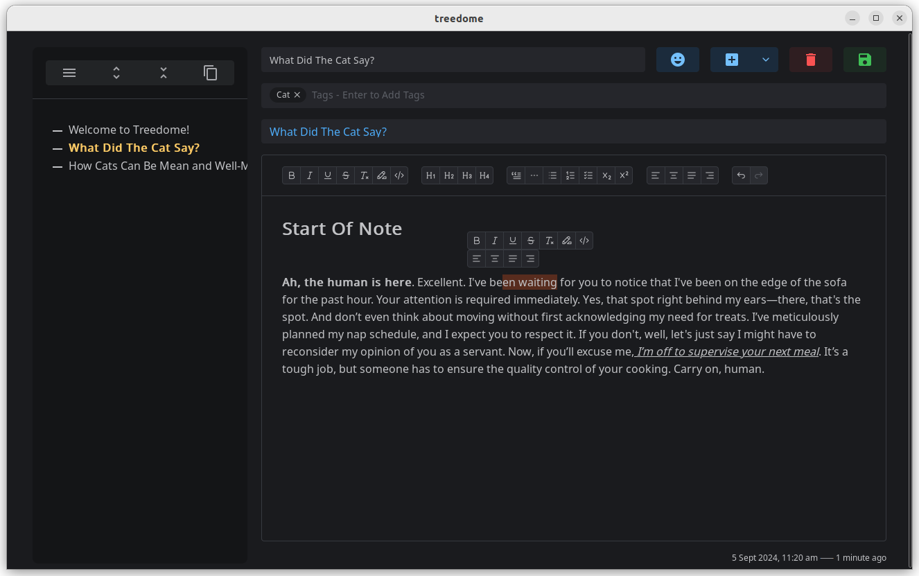 a screenshot of treedome with the rich text editing tools in action