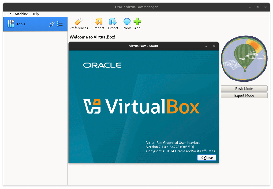 a screenshot of virtualbox 7.1 running on linux