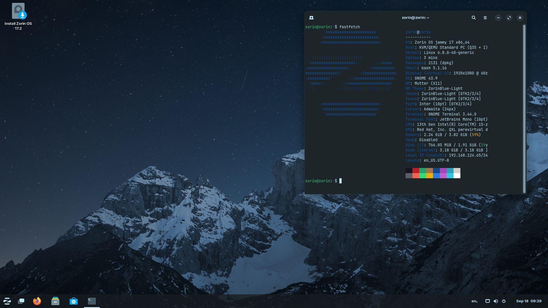 a screenshot of zorin os 17.2 with fastfetch output