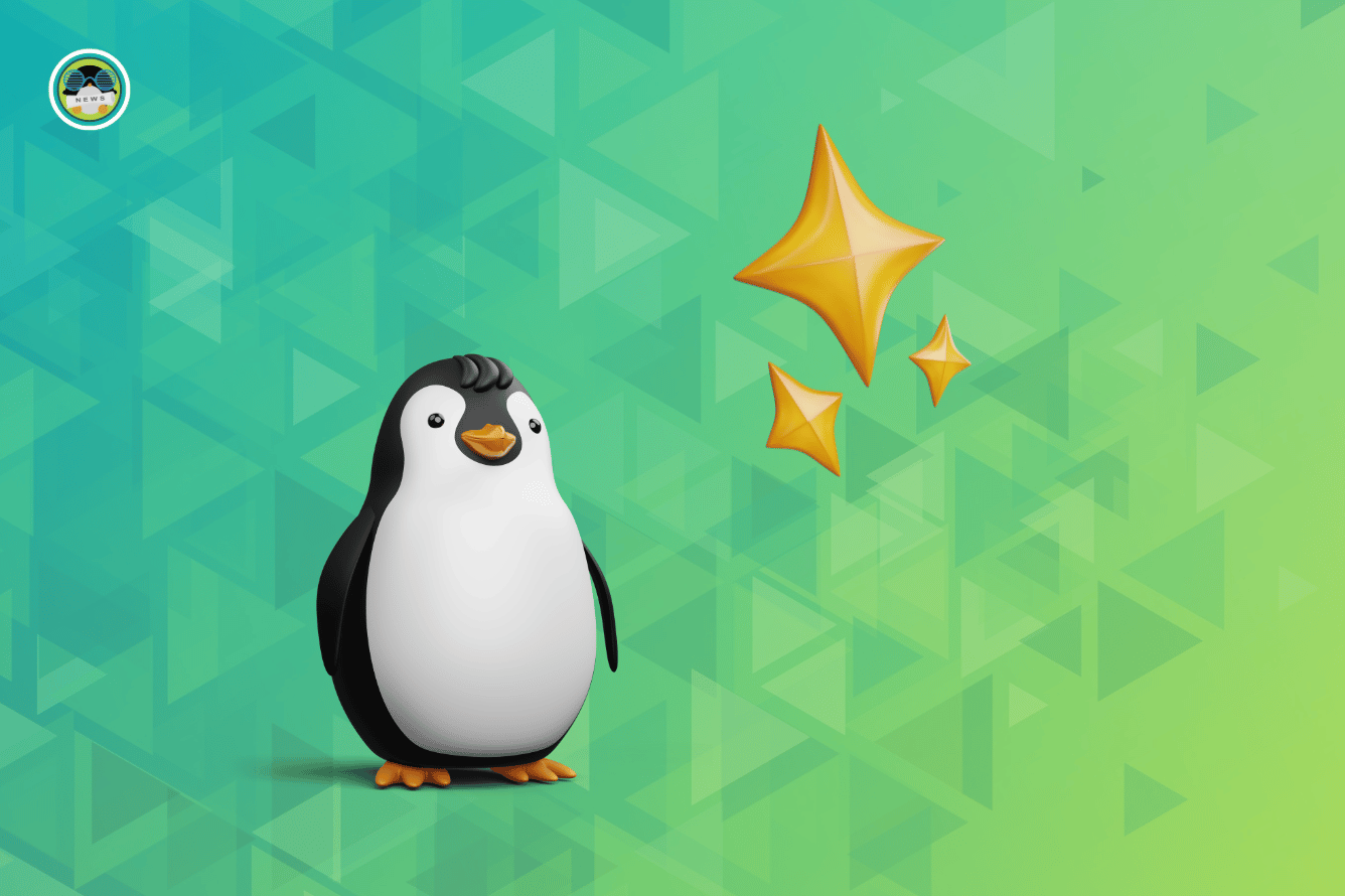 an image with penguine illustrating tux mascot of linux with a shiny 3d element to depic the latest and greatest