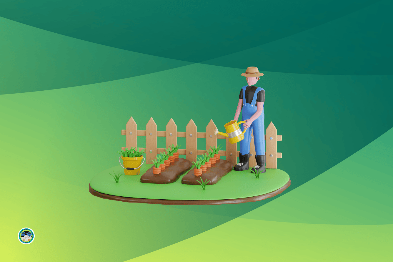 an illustration showing a man gardening wearing a hat and some plants nearby a fence