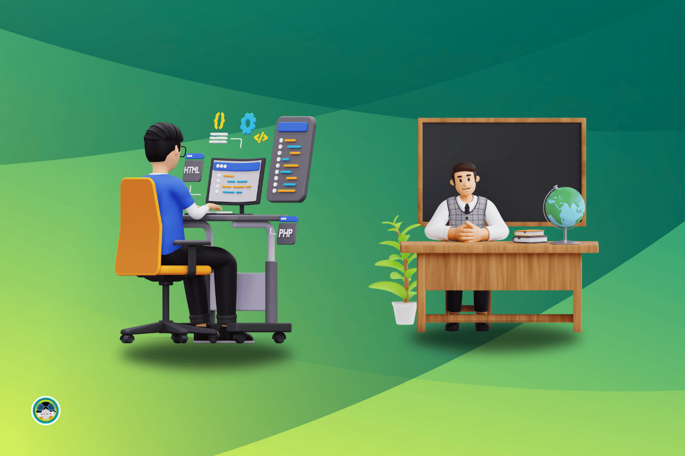 an illustration to show a guy working as a developer, and a school teacher