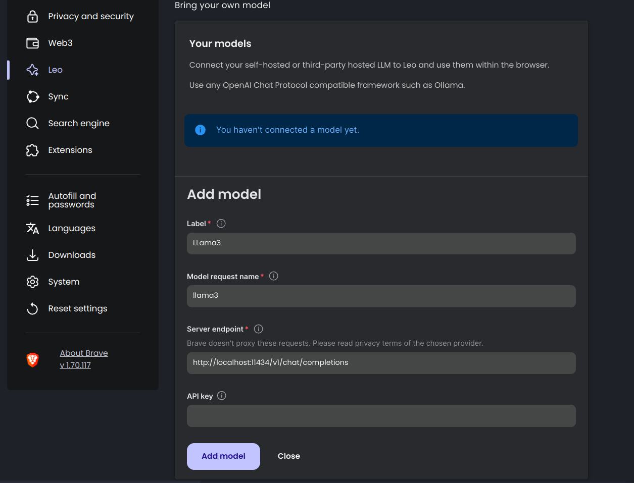 screenshot of brave leo settings on brave browser to add local llama3 model