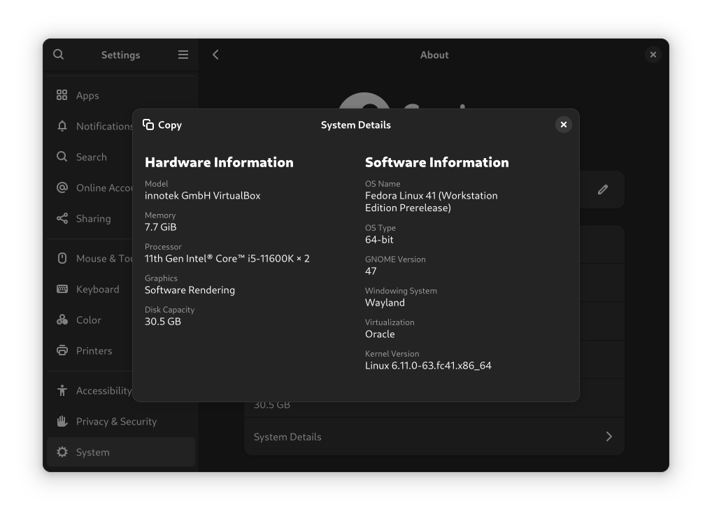 A screenshot showing fedora 41 system info with gnome 47 listed as the GNOME version