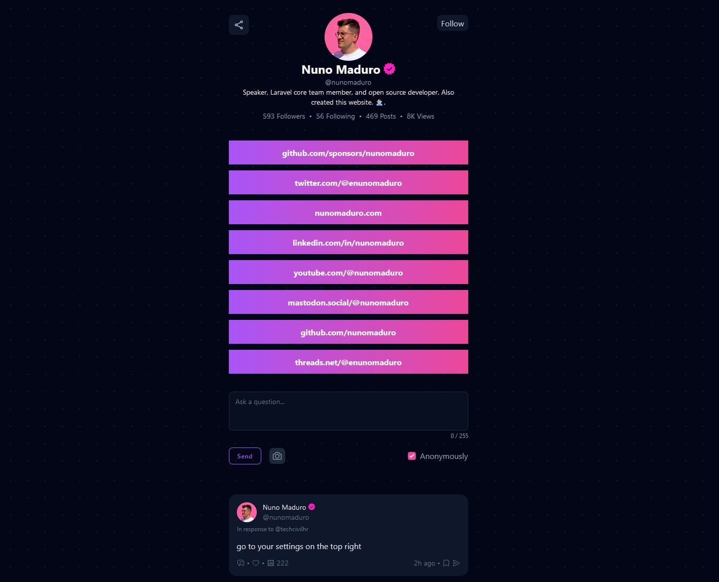 a screenshot of a profile on pinkary